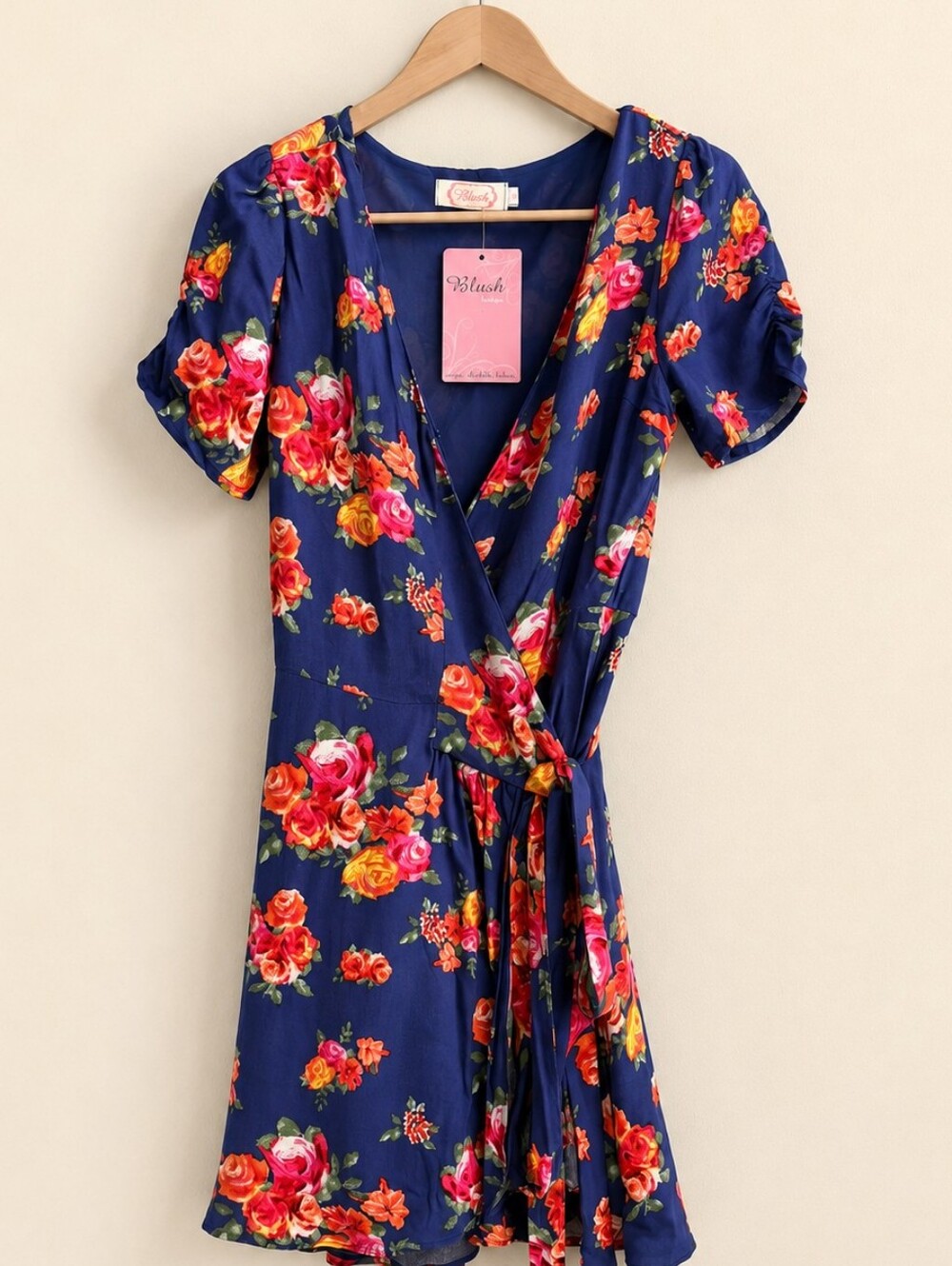 ​Blush Boutique Floral Wrap Dress Small NWT Navy Red Roses Cottagecore Boho